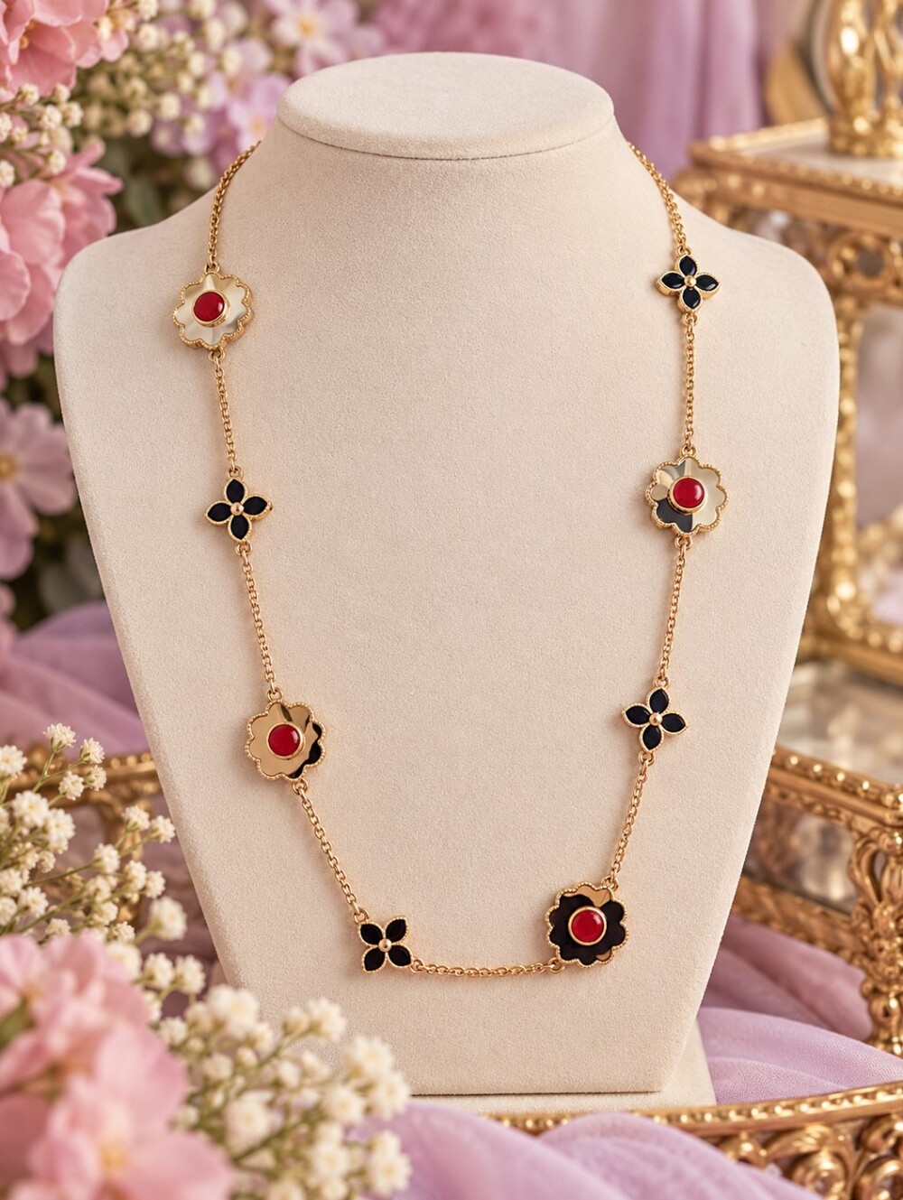 🔴⚫️Gold-Tone Long Necklace with Red and Black Floral Accents